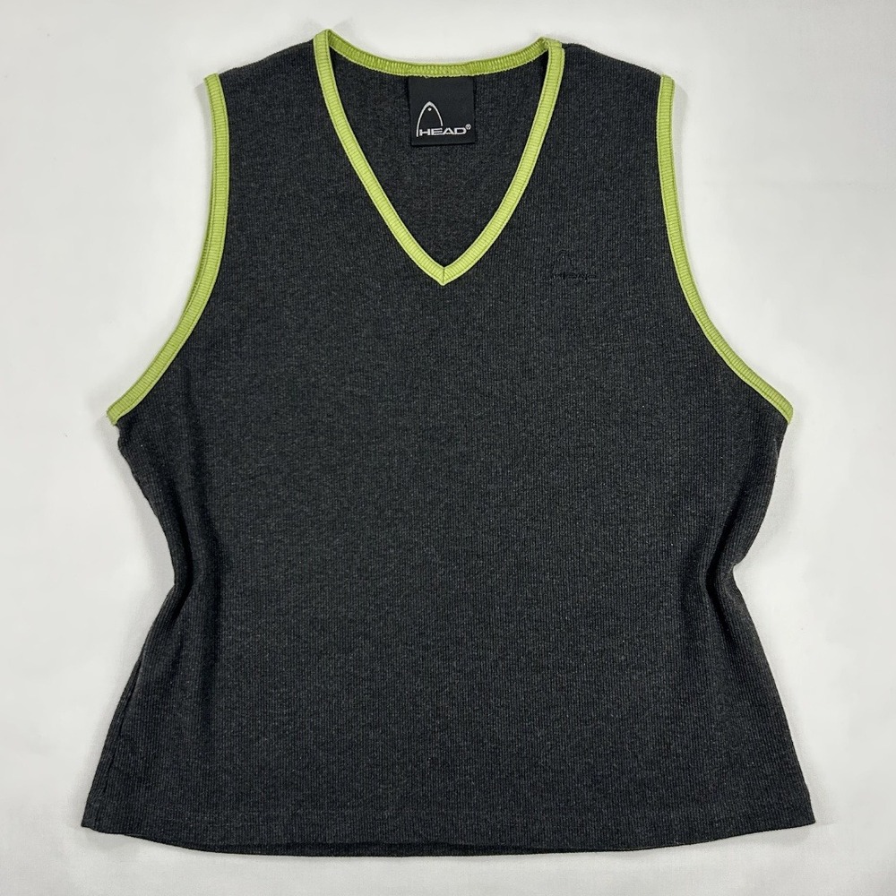 Head Vintage 2000S Woman's Sleeveless Athletic V-Neck Tank Top Medium Gray Green